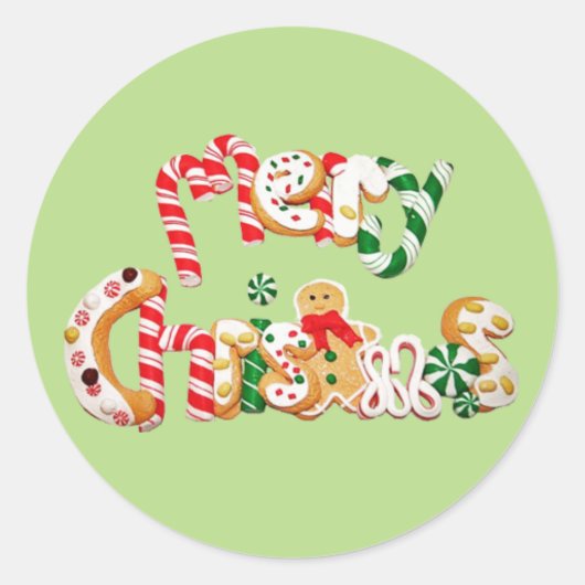 赤キャンディーケインギンガーブレッドクッキーメリークリスマス ラウンドシール (正面)
