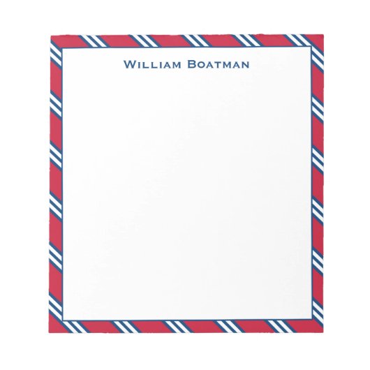赤クラシックとネイビーの対角線タイのストライプパターン ノートパッド (正面)