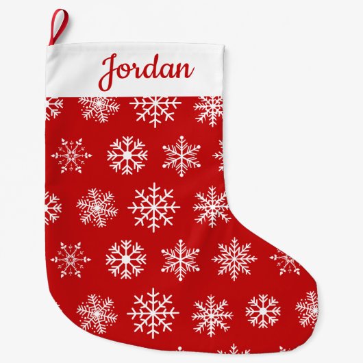 赤クラシックと白のスノーフレークのパターパーソナライズされたン ラージクリスマスストッキング (正面)