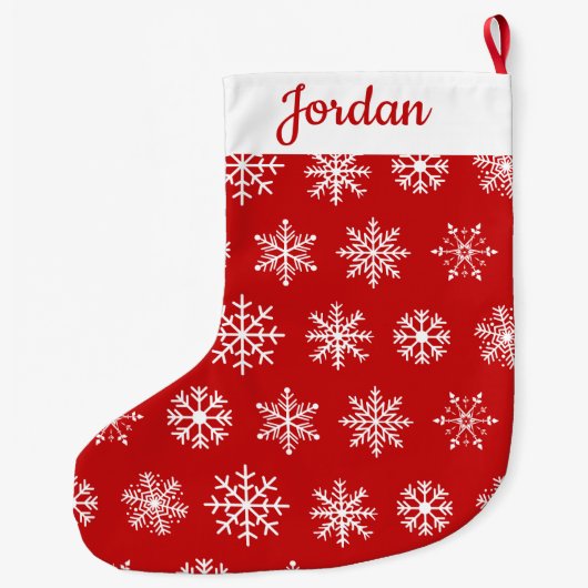 赤クラシックと白のスノーフレークのパターパーソナライズされたン ラージクリスマスストッキング (裏面)