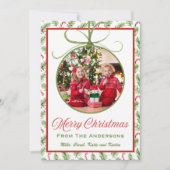 赤クラシックと緑のクリスマスオーナメント写真 シーズンカード (正面)