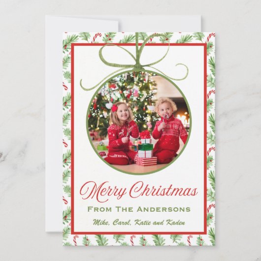 赤クラシックと緑のクリスマスオーナメント写真 シーズンカード (正面)
