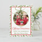 赤クラシックと緑のクリスマスオーナメント写真 シーズンカード (スタンド正面)