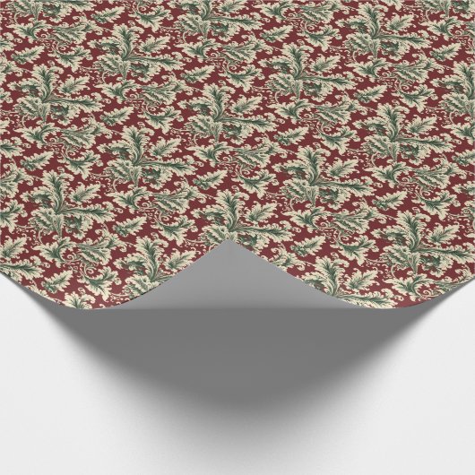 赤クラシックと緑のクリスマスダマスク ラッピングペーパー (角)