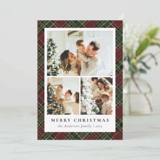 赤クラシックと緑のコラージュと写真クリスマス シーズンカード (スタンド正面)