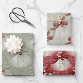 赤クラシックと緑のベル、リボン、ホリー ラッピングペーパーシート