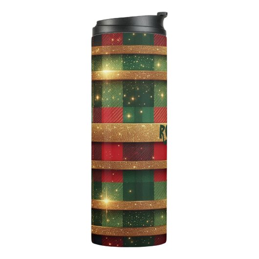 赤クラシックと緑の格子状のきらめく金ゴールドストライプ タンブラー (回転左)