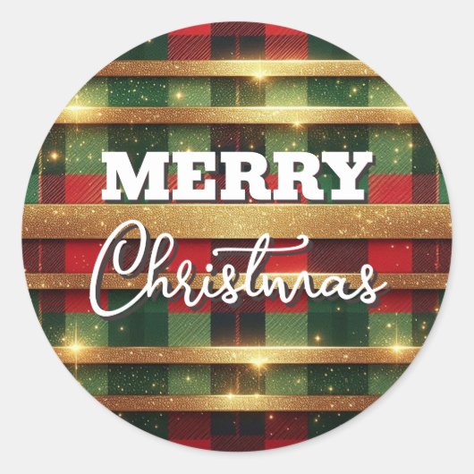 赤クラシックと緑の格子状のきらめく金ゴールドストライプ ラウンドシール (正面)