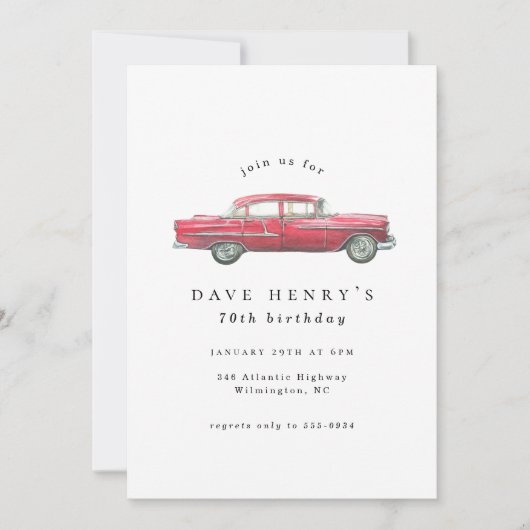 赤クラシックアンティーク車オス写真誕生日 招待状 (正面)