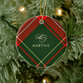 赤クラシックタータンチェックのプレイド名と写真クリスマス セラミックオーナメント
