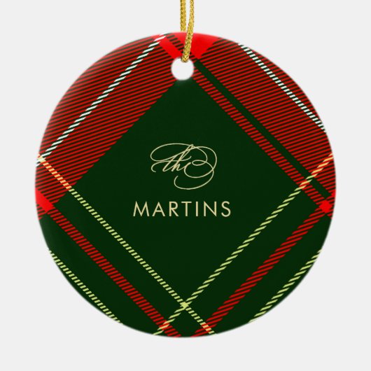 赤クラシックタータンチェックのプレイド名と写真クリスマス セラミックオーナメント (正面)