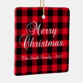 赤クラシックバッファロープレイドクリスマスファミリー写真 セラミックオーナメント (右)