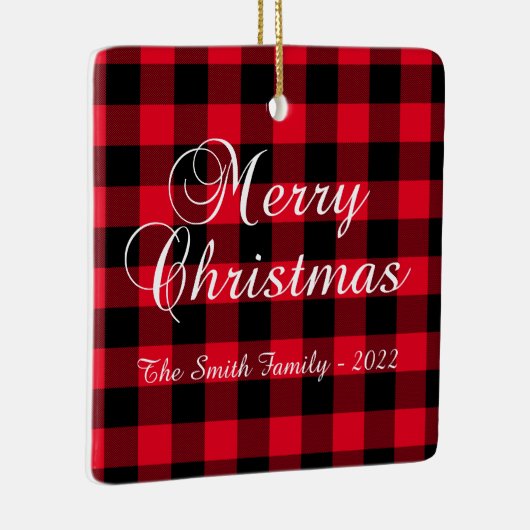 赤クラシックバッファロープレイドクリスマスファミリー写真 セラミックオーナメント (右)