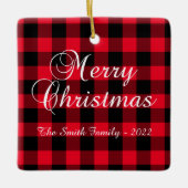 赤クラシックバッファロープレイドクリスマスファミリー写真 セラミックオーナメント (正面)