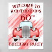 赤クラシックレトロ車のヴィンテージ水の色ようこそ ポスター (正面)