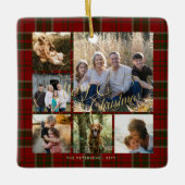 赤クラシック緑のplaidエレガント 6フォトコラージュ セラミックオーナメント (正面)
