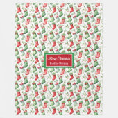 赤クラシック緑クリスマスストッキング名前をカスタムする フリースブランケット (正面)