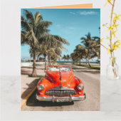 赤クラシック車誕生日グリーティングカード カード (黄色い花)