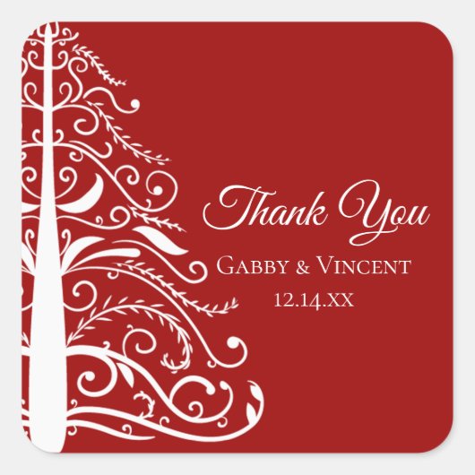 赤クリスマスウィンターウェディングサンキューメッセージカード スクエアシール (正面)