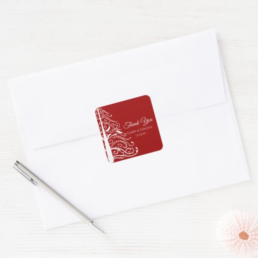 赤クリスマスウィンターウェディングサンキューメッセージカード スクエアシール (封筒)