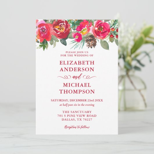 赤クリスマスウォーター色フローラ冬の結婚式 招待状 (スタンド正面)