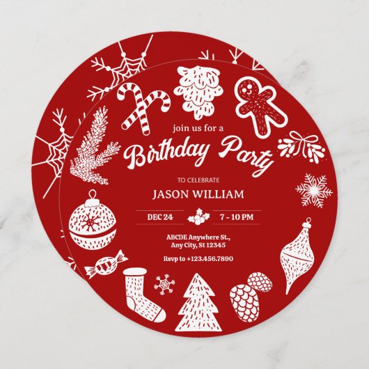 赤クリスマスオーナメント誕生日 招待状 (正面/裏面)