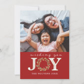 赤クリスマスジョイウォーターカラーリースフォトカード シーズンカード (正面)