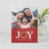 赤クリスマスジョイウォーターカラーリースフォトカード シーズンカード (スタンド正面)