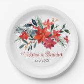 赤クリスマスポインセチアエレガントフローラ結婚ズ ペーパープレート (正面)