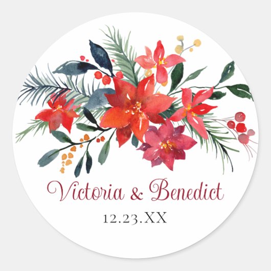 赤クリスマスポインセチアエレガントフローラ結婚ズ ラウンドシール (正面)