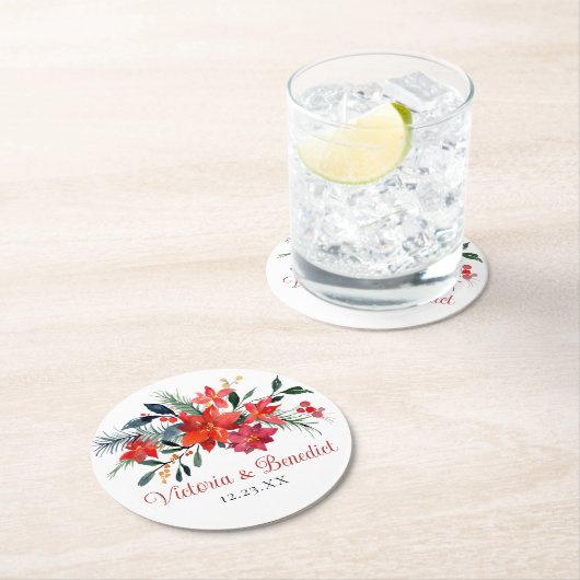 赤クリスマスポインセチアエレガントフローラ結婚ズ ラウンドペーパーコースター (インサイチュ)