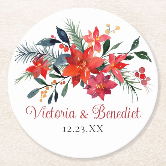 赤クリスマスポインセチアエレガントフローラ結婚ズ ラウンドペーパーコースター (正面)