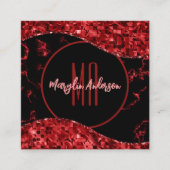 赤クリスマス大理石及びきらめくモノグラム スクエア名刺 (正面)