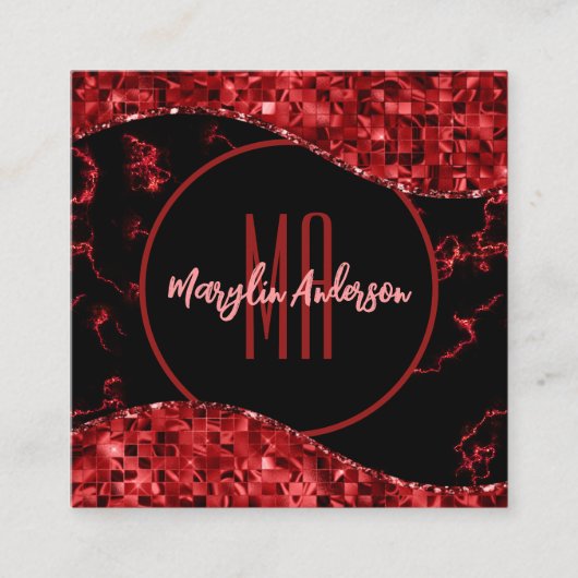 赤クリスマス大理石及びきらめくモノグラム スクエア名刺 (正面)