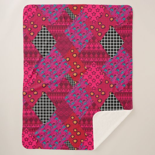 赤クリムゾンカラフルパッチワーク シェルパブランケット (正面)