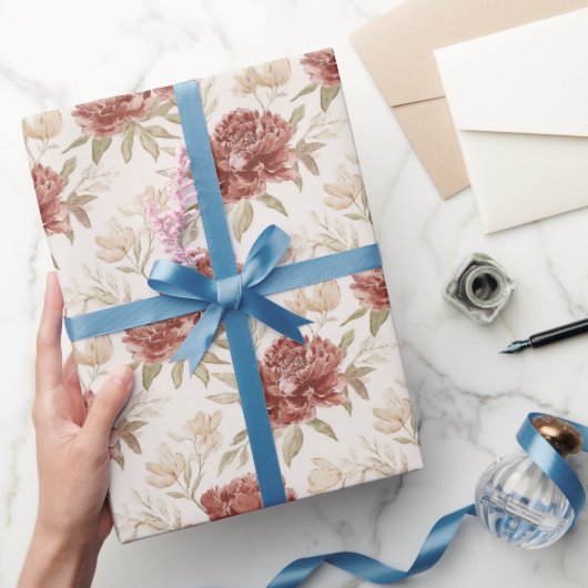 赤クリーム色の花 ブライダルシャワー ラッピングペーパー (ギフト)