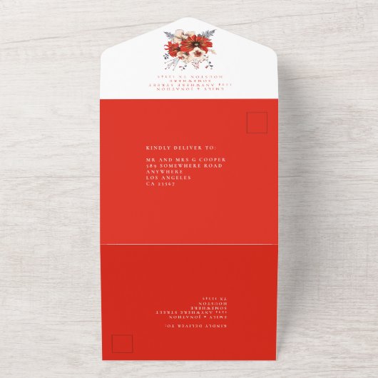 赤クリーム花模様受信者の結婚住所 オールインワン招待状 (外側)