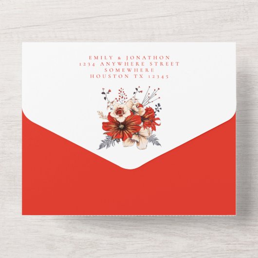 赤クリーム花模様受信者の結婚住所 オールインワン招待状 (裏面)