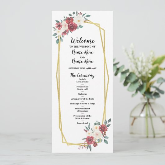 赤クリーム メニュー ウォーターカラー フローラル ウェディングプログラム (スタンド正面)