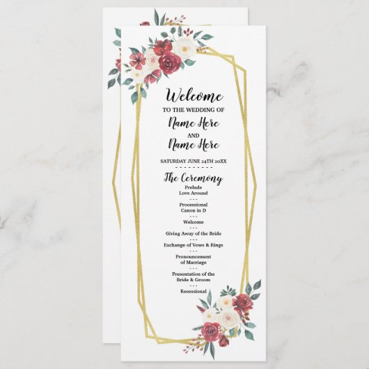 赤クリーム メニュー ウォーターカラー フローラル ウェディングプログラム (正面/裏面)