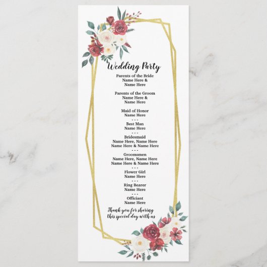 赤クリーム メニュー ウォーターカラー フローラル ウェディング プログラム (裏面)