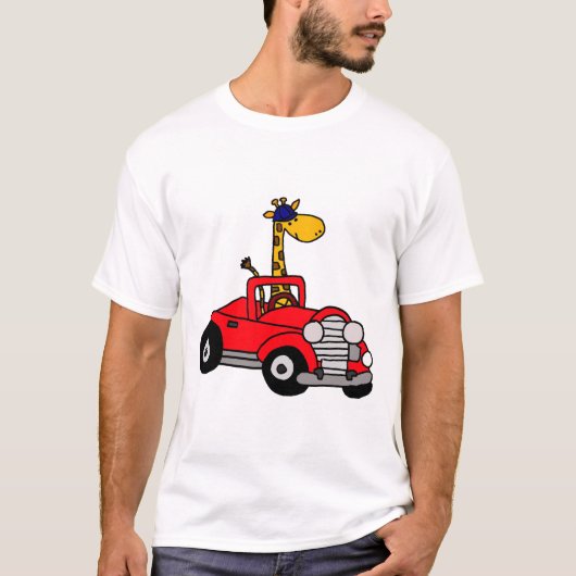 赤クールおもしろい車のキリン Tシャツ (正面)