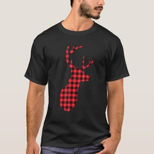 赤クールスタイリッシュ黒の格子毛の鹿 Tシャツ (正面)
