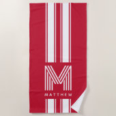 赤クール白レーサーストライプモノグラム ビーチタオル (正面)