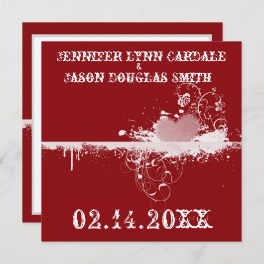 赤グランジハートバレンタイン結婚式招待状 招待状 (正面/裏面)