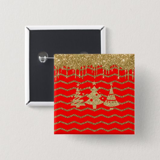 赤グリッターのクリスマスツリー 缶バッジ (正面&裏面)