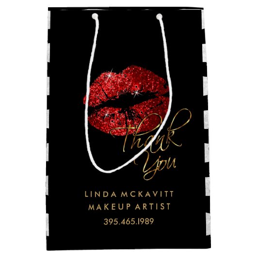 赤グリッターの口紅と白ストライプの – ありがとう ミディアムペーパーバッグ (正面)