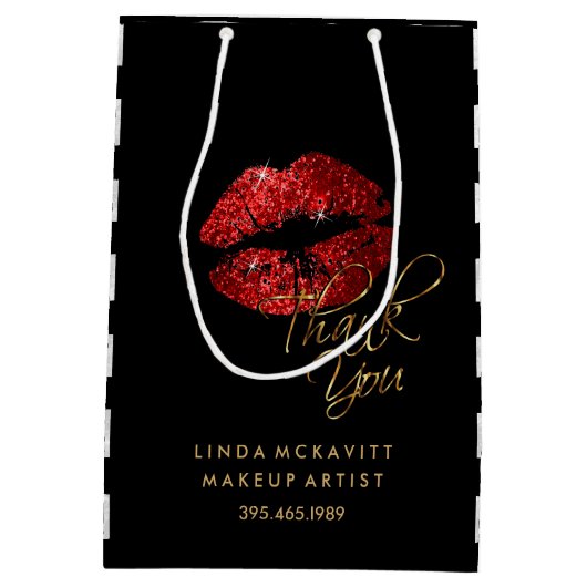 赤グリッターの口紅と白ストライプの – ありがとう ミディアムペーパーバッグ (裏面)