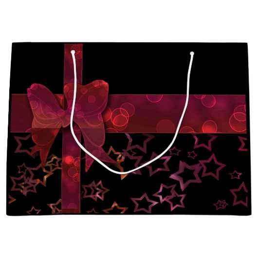 赤グリッターの弓と黒の星 ラージペーパーバッグ (正面)