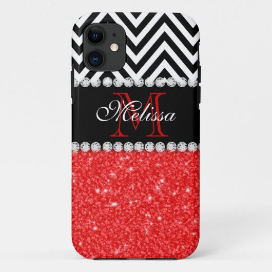 赤グリッターの黒モノグラムの山 Case-Mate iPhoneケース (裏面)